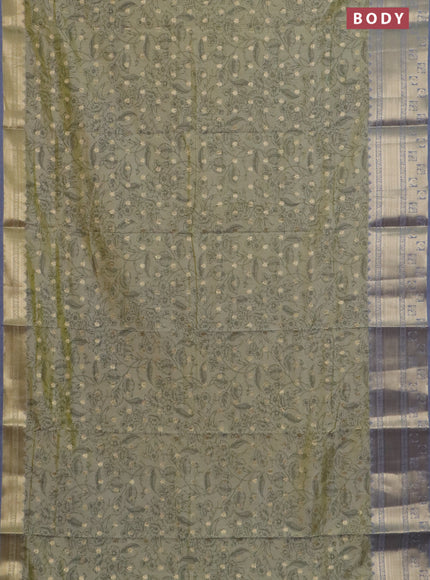 Semi raw silk saree elaichi green and grey with allover kalamkari prints & 1000 buttas and zari woven border