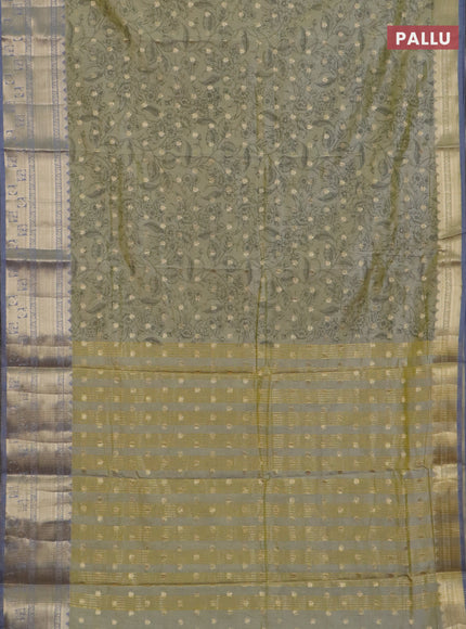 Semi raw silk saree elaichi green and grey with allover kalamkari prints & 1000 buttas and zari woven border