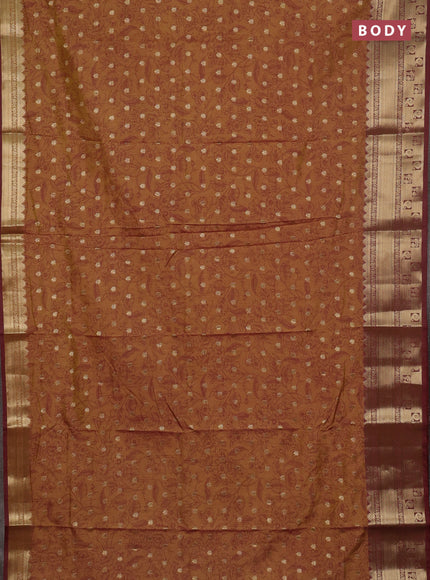 Semi raw silk saree dark mustard and brown shade with allover kalamkari prints & 1000 buttas and zari woven border