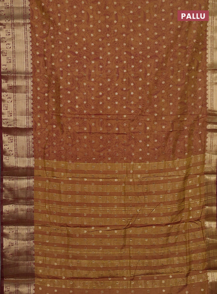 Semi raw silk saree dark mustard and brown shade with allover kalamkari prints & 1000 buttas and zari woven border