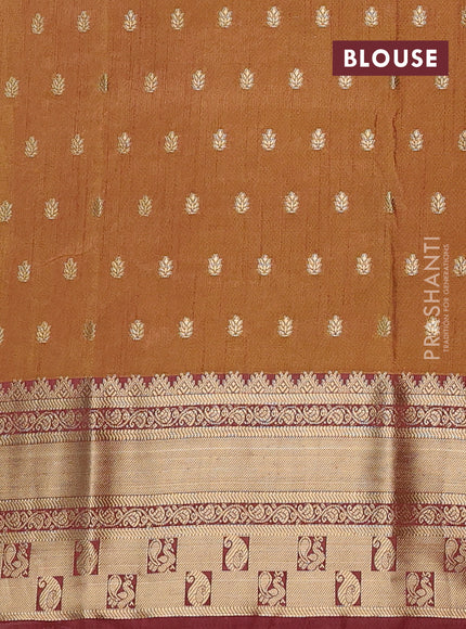 Semi raw silk saree dark mustard and brown shade with allover kalamkari prints & 1000 buttas and zari woven border