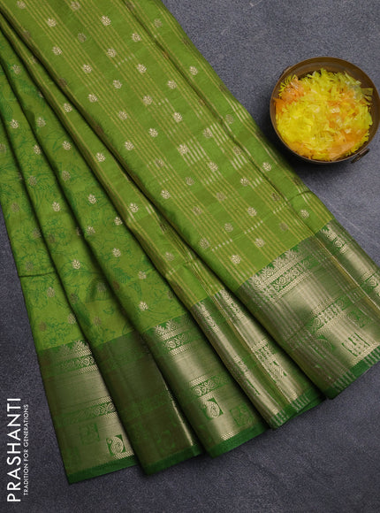 Semi raw silk saree light green and green with allover kalamkari prints & 1000 buttas and zari woven border