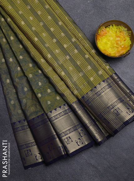 Semi raw silk saree mehendi green and navy blue with allover kalamkari prints & 1000 buttas and zari woven border