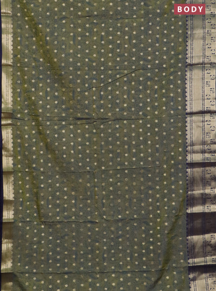 Semi raw silk saree mehendi green and navy blue with allover kalamkari prints & 1000 buttas and zari woven border
