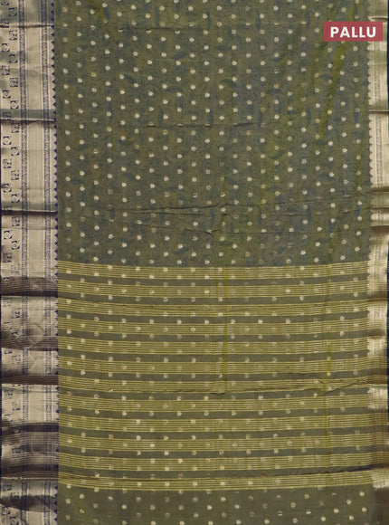 Semi raw silk saree mehendi green and navy blue with allover kalamkari prints & 1000 buttas and zari woven border