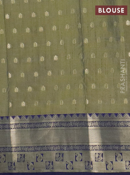 Semi raw silk saree mehendi green and navy blue with allover kalamkari prints & 1000 buttas and zari woven border