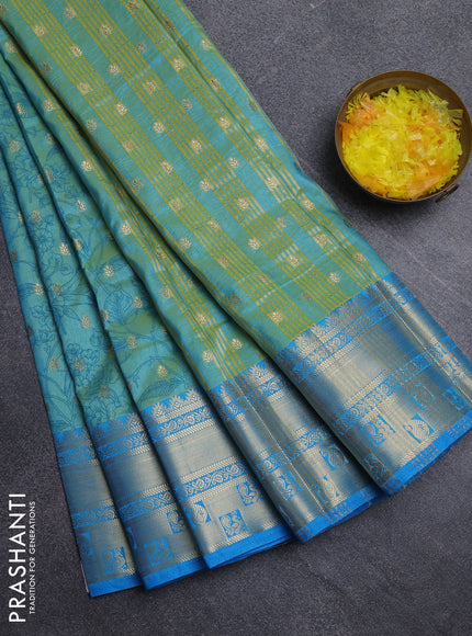 Semi raw silk saree dual shade of teal blue and cs blue with allover kalamkari prints & 1000 buttas and zari woven border