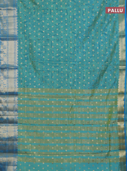 Semi raw silk saree dual shade of teal blue and cs blue with allover kalamkari prints & 1000 buttas and zari woven border