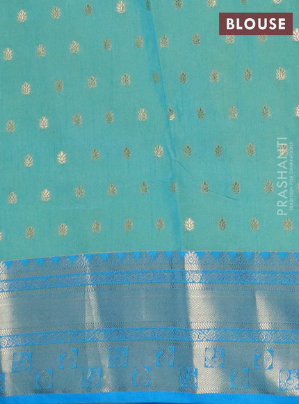 Semi raw silk saree dual shade of teal blue and cs blue with allover kalamkari prints & 1000 buttas and zari woven border