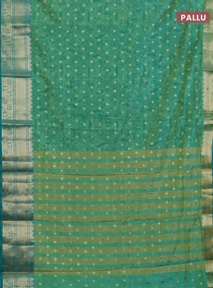 Semi raw silk saree dual shade of teal bluish green and teal green with allover kalamkari prints & 1000 buttas and zari woven border