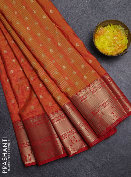 Semi raw silk saree dual shade of orange and red with allover kalamkari prints & 1000 buttas and zari woven border