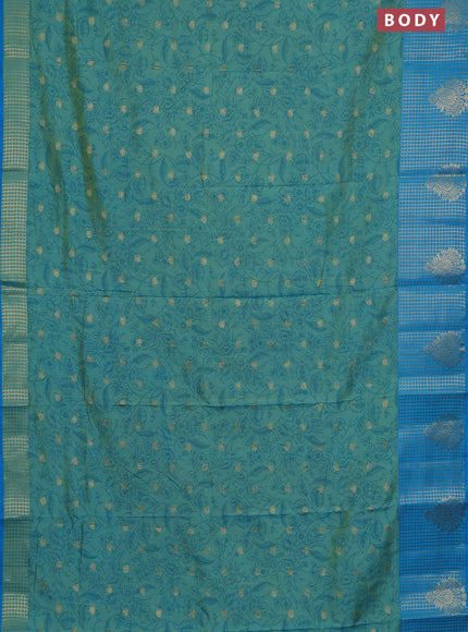 Semi raw silk saree dual shade of teal blue and cs blue with allover prints & 1000 buttas and zari checked butta border