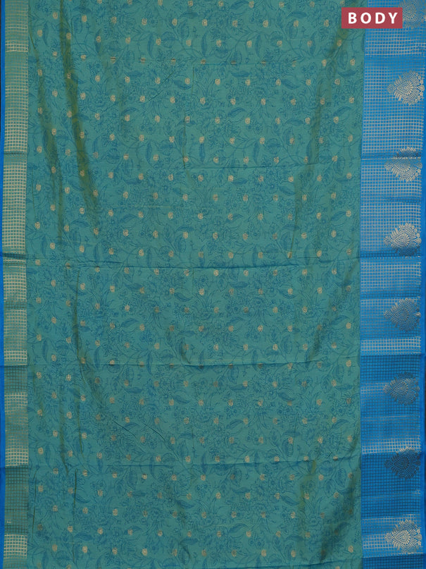 Semi raw silk saree dual shade of teal blue and cs blue with allover prints & 1000 buttas and zari checked butta border