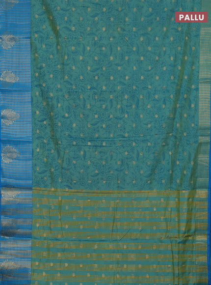 Semi raw silk saree dual shade of teal blue and cs blue with allover prints & 1000 buttas and zari checked butta border