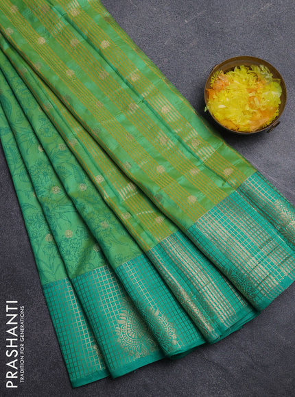 Semi raw silk saree light green and teal green with allover prints & 1000 buttas and zari checked butta border