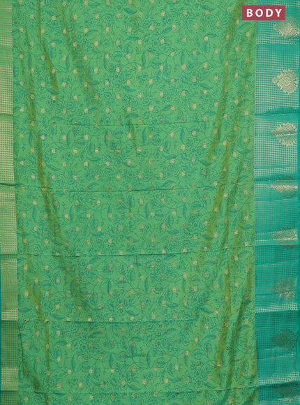 Semi raw silk saree light green and teal green with allover prints & 1000 buttas and zari checked butta border