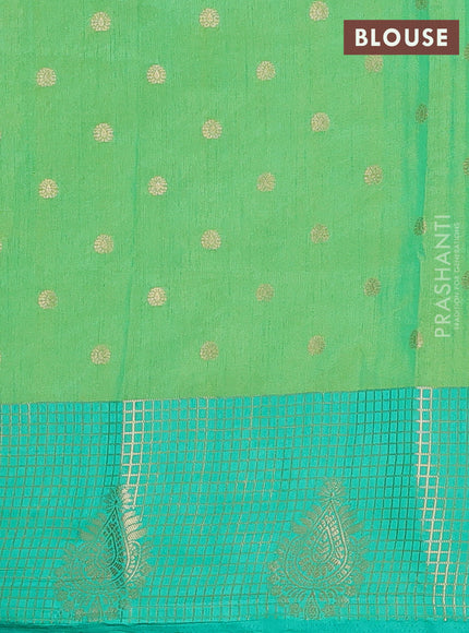 Semi raw silk saree light green and teal green with allover prints & 1000 buttas and zari checked butta border