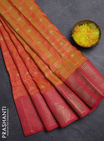 Semi raw silk saree dual shade of orange and peach pink with allover prints & 1000 buttas and zari checked butta border