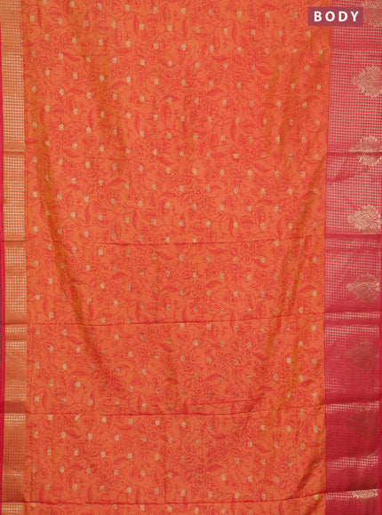 Semi raw silk saree dual shade of orange and peach pink with allover prints & 1000 buttas and zari checked butta border