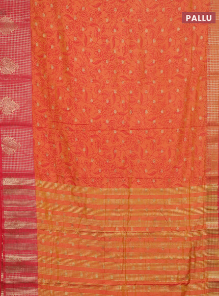 Semi raw silk saree dual shade of orange and peach pink with allover prints & 1000 buttas and zari checked butta border