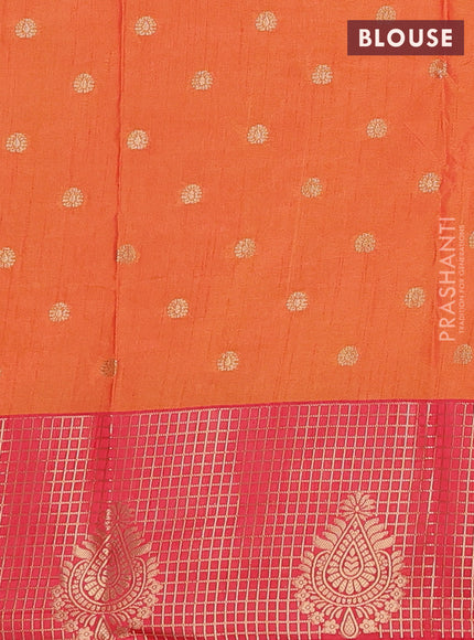 Semi raw silk saree dual shade of orange and peach pink with allover prints & 1000 buttas and zari checked butta border