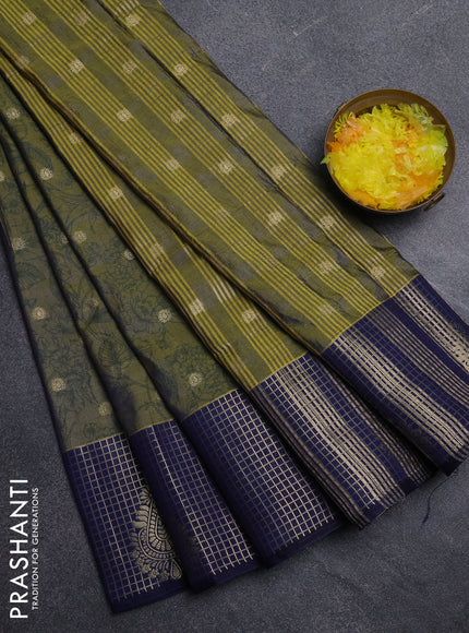 Semi raw silk saree mehendi green and navy blue with allover prints & 1000 buttas and zari checked butta border