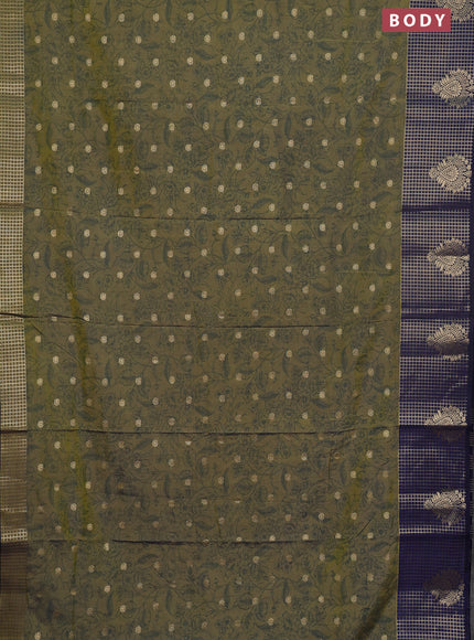 Semi raw silk saree mehendi green and navy blue with allover prints & 1000 buttas and zari checked butta border