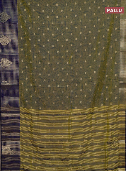 Semi raw silk saree mehendi green and navy blue with allover prints & 1000 buttas and zari checked butta border