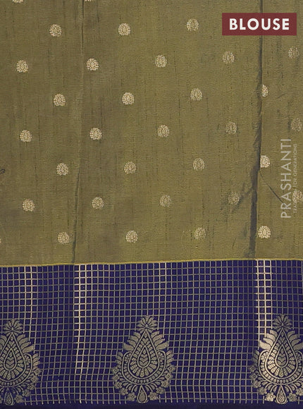 Semi raw silk saree mehendi green and navy blue with allover prints & 1000 buttas and zari checked butta border