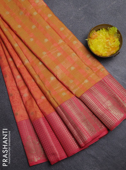 Semi raw silk saree dual shade of orange and peach pink with allover prints & 1000 buttas and zari checked butta border