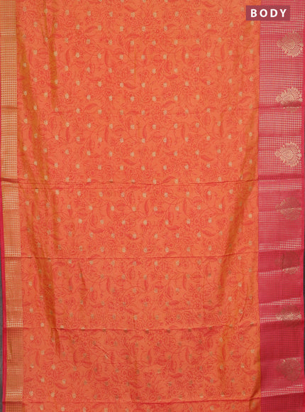 Semi raw silk saree dual shade of orange and peach pink with allover prints & 1000 buttas and zari checked butta border