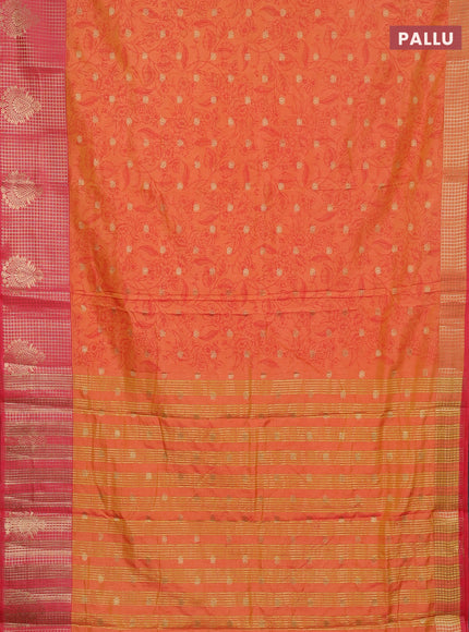 Semi raw silk saree dual shade of orange and peach pink with allover prints & 1000 buttas and zari checked butta border