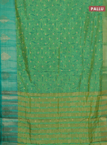 Semi raw silk saree dual shade of teal bluish green and teal green with allover prints & 1000 buttas and zari checked butta border
