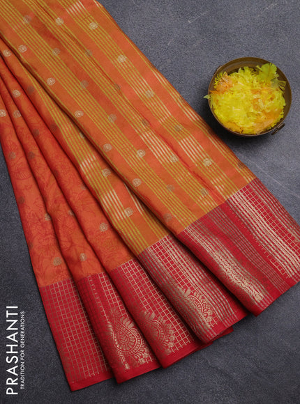 Semi raw silk saree dual shade of orange and red with allover prints & 1000 buttas and zari checked butta border
