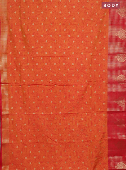 Semi raw silk saree dual shade of orange and red with allover prints & 1000 buttas and zari checked butta border