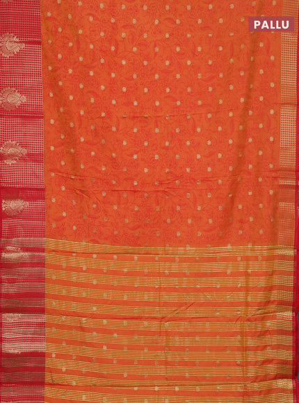 Semi raw silk saree dual shade of orange and red with allover prints & 1000 buttas and zari checked butta border