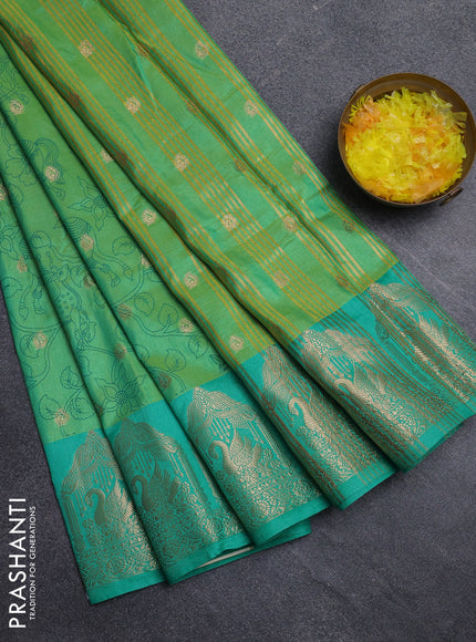 Semi raw silk saree dual shade of teal green shade and teal green with allover kalamkari prints & 1000 zari buttas and zari woven border