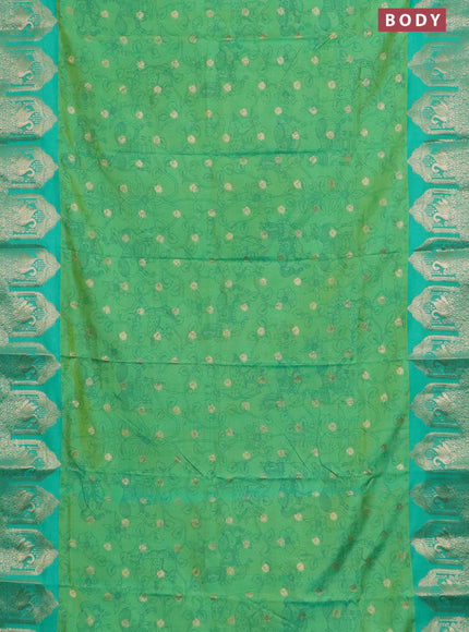 Semi raw silk saree dual shade of teal green shade and teal green with allover kalamkari prints & 1000 zari buttas and zari woven border