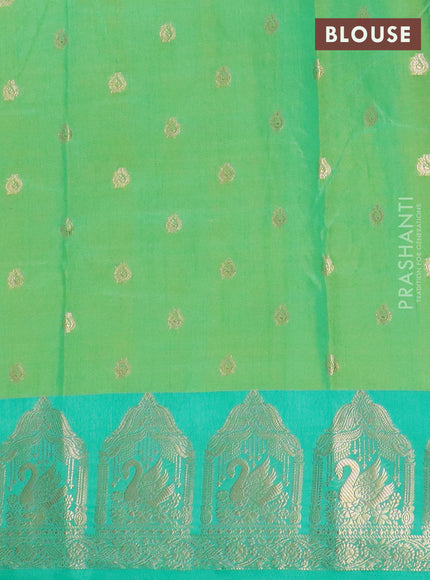 Semi raw silk saree dual shade of teal green shade and teal green with allover kalamkari prints & 1000 zari buttas and zari woven border