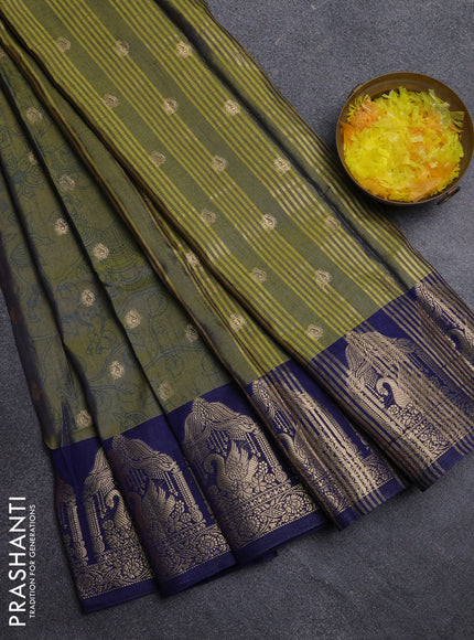 Semi raw silk saree mehendi green and navy blue with allover kalamkari prints & 1000 zari buttas and zari woven border