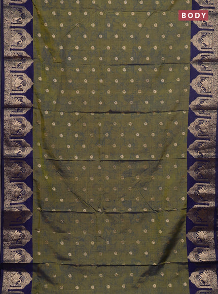 Semi raw silk saree mehendi green and navy blue with allover kalamkari prints & 1000 zari buttas and zari woven border