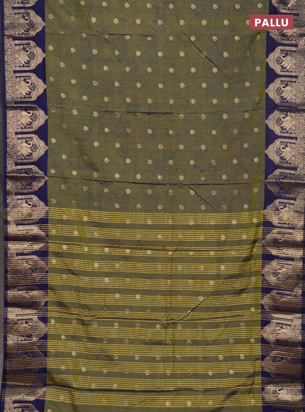 Semi raw silk saree mehendi green and navy blue with allover kalamkari prints & 1000 zari buttas and zari woven border