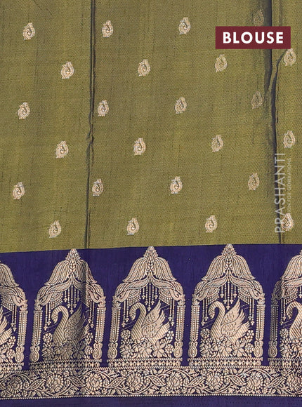 Semi raw silk saree mehendi green and navy blue with allover kalamkari prints & 1000 zari buttas and zari woven border
