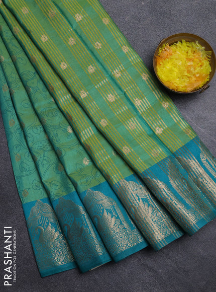 Semi raw silk saree teal green and teal blue with allover kalamkari prints & 1000 zari buttas and zari woven border