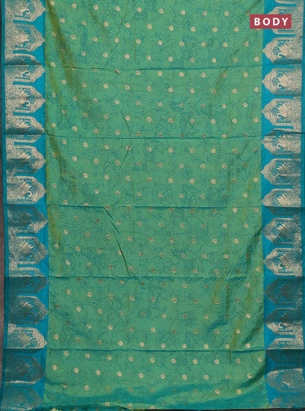 Semi raw silk saree teal green and teal blue with allover kalamkari prints & 1000 zari buttas and zari woven border