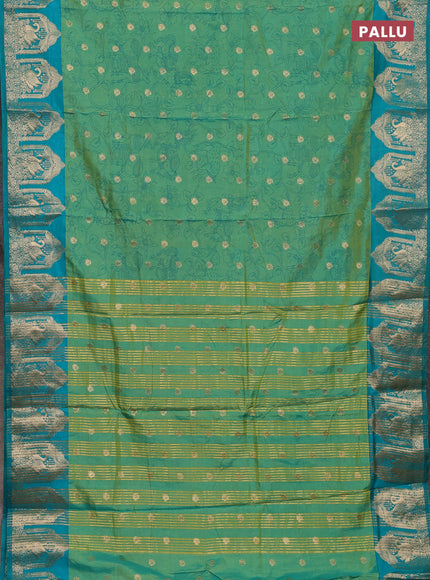 Semi raw silk saree teal green and teal blue with allover kalamkari prints & 1000 zari buttas and zari woven border