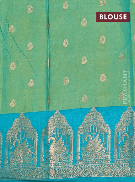 Semi raw silk saree teal green and teal blue with allover kalamkari prints & 1000 zari buttas and zari woven border