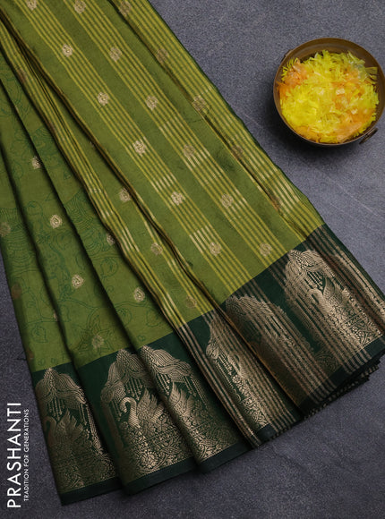 Semi raw silk saree mehendi green and bottle green with allover kalamkari prints & 1000 zari buttas and zari woven border