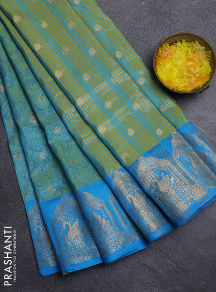 Semi raw silk saree dual shade of teal blue and cs blue with allover kalamkari prints & 1000 zari buttas and zari woven border