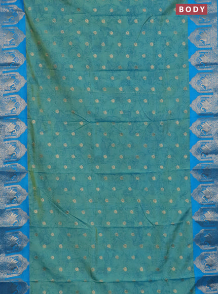 Semi raw silk saree dual shade of teal blue and cs blue with allover kalamkari prints & 1000 zari buttas and zari woven border
